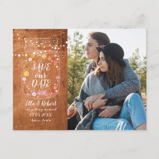 Carte Postale Faire-part Enregistrer la date Mason Jar String Lights Rustic (Devant)