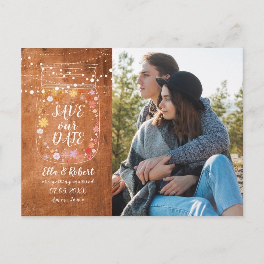 Carte Postale Faire-part Enregistrer la date Mason Jar String Lights Rustic (Devant)