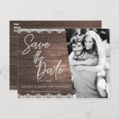 Carte Postale Faire-part Enregistrer la date Moderne Rustique Bois & dentel (Devant / Derrière)