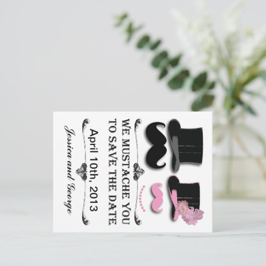 Carte Postale Faire-part Enregistrer la date Mustache et Top Hat Postcard (Debout devant)