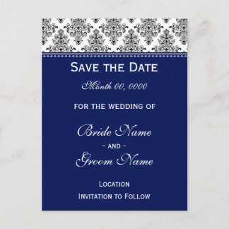 Carte Postale Faire-part Enregistrer la date - Noir & Blanc & Bleu foncé