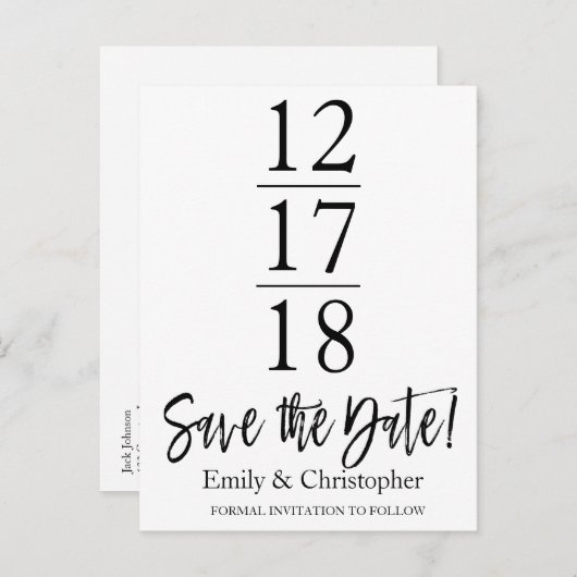 Carte Postale Faire-part Enregistrer la date noir et blanc Script moderne (Devant / Derrière)