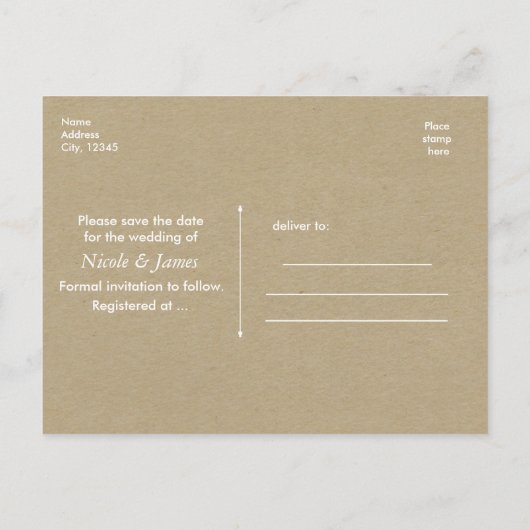 Carte Postale Faire-part ENREGISTRER LA DATE Papier Kraft Rustique Photo d' (Dos)