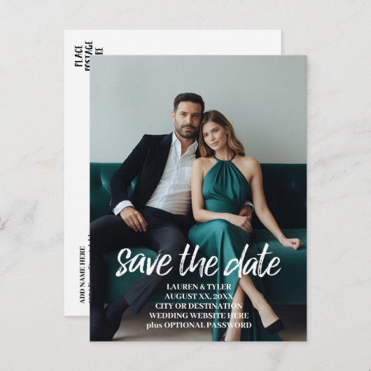 Carte Postale Faire-part Enregistrer la date - Photo et lettres brossées mo (Devant / Derrière)