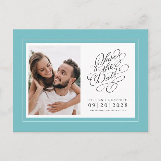 Carte Postale Faire-part Enregistrer La Date Photo Mariage Aqua Elegant Chi (Devant)