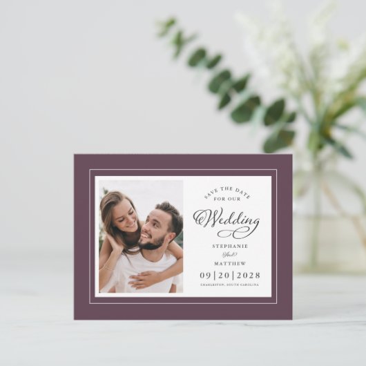 Carte Postale Faire-part Enregistrer La Date Photo Violet & Blanc Élégant M (Debout devant)