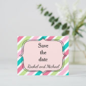 Carte Postale Faire-part Enregistrer la date Pink and Blue Stripes (Debout devant)