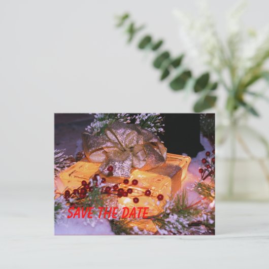 Carte Postale Faire-part Enregistrer la date présente Bow Wreath Holiday ca (Debout devant)