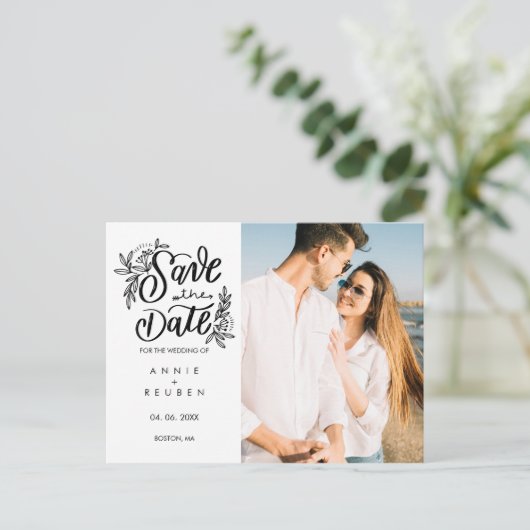 Carte Postale Faire-part Enregistrer la date Pretty Hand Script Photo moder (Debout devant)