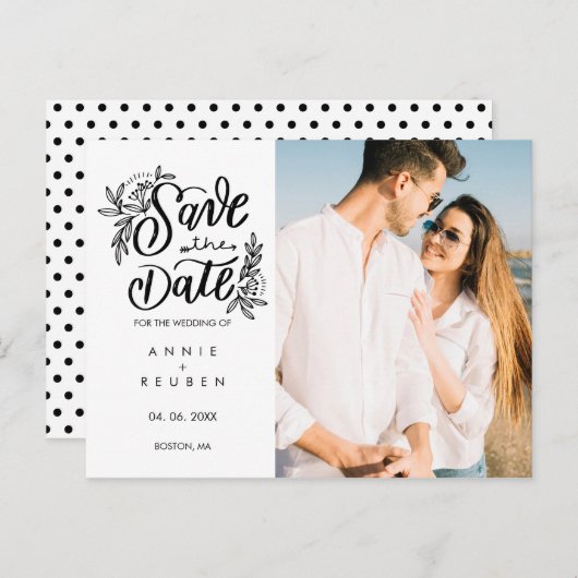 Carte Postale Faire-part Enregistrer la date Pretty Hand Script Photo moder (Devant / Derrière)