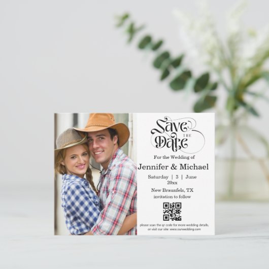Carte Postale Faire-part enregistrer la date qr code photo simple mariage (Debout devant)