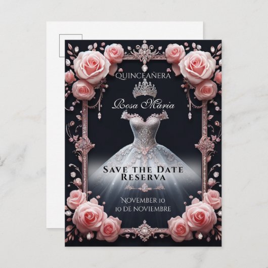 Carte Postale Faire-part Enregistrer la date/ Réserver Espagnol Quinceañera (Devant / Derrière)