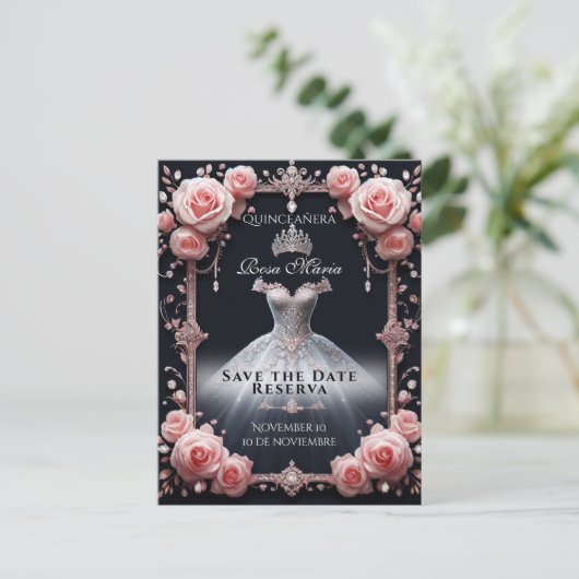 Carte Postale Faire-part Enregistrer la date/ Réserver Espagnol Quinceañera (Debout devant)