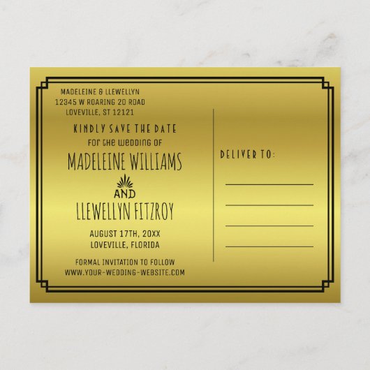 Carte Postale Faire-part Enregistrer la date Retro Black Gold Deco Mariage  (Dos)