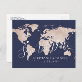 Carte Postale Faire-part Enregistrer la date Rose Gold World Map Enregistre (Devant / Derrière)