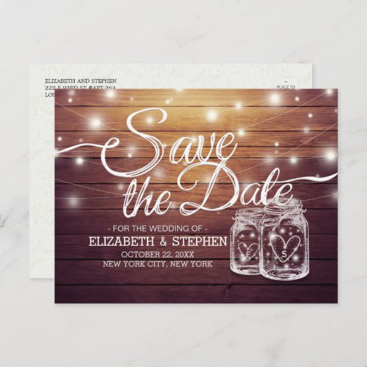 Carte Postale Faire-part Enregistrer La Date Rustique Bois Mason Jar Éclair (Devant / Derrière)