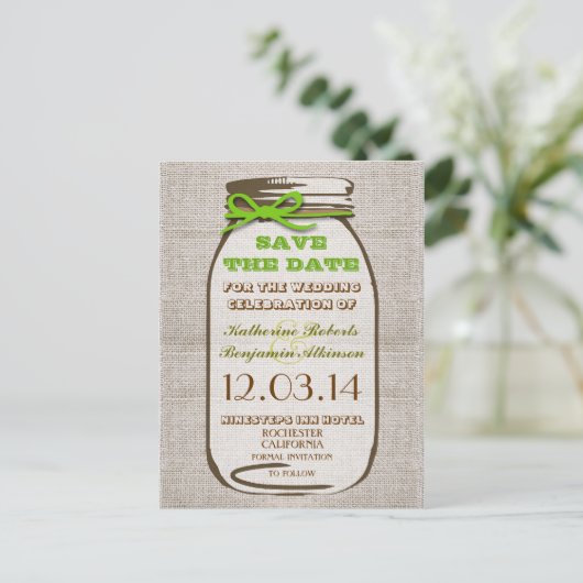 Carte Postale Faire-part enregistrer la date rustique burlap mason jar (Debout devant)