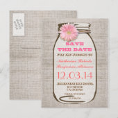 Carte Postale Faire-part enregistrer la date rustique burlap mason jar rose (Devant / Derrière)