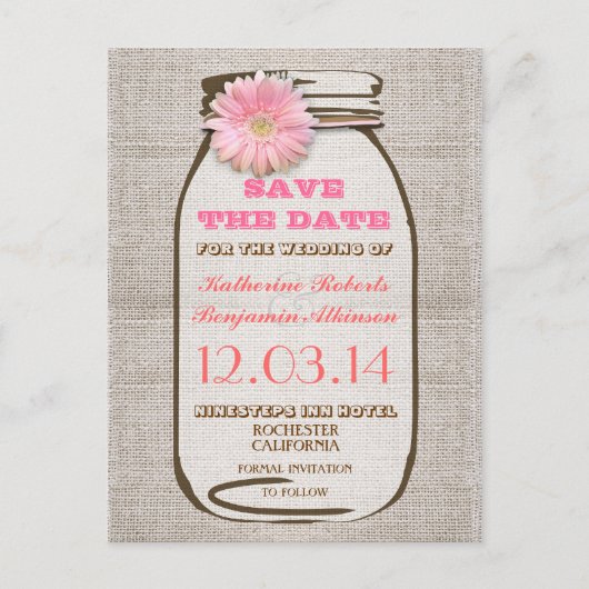 Carte Postale Faire-part enregistrer la date rustique burlap mason jar rose (Devant)