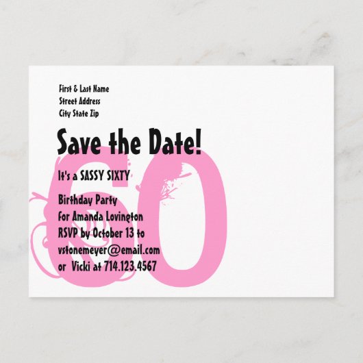 Carte Postale Faire-part Enregistrer la date SASSY 60 Anniversaire fête V06 (Dos)