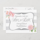 Carte Postale Faire-part Enregistrer la date Silver Stripes et Pink Hydrang (Devant / Derrière)