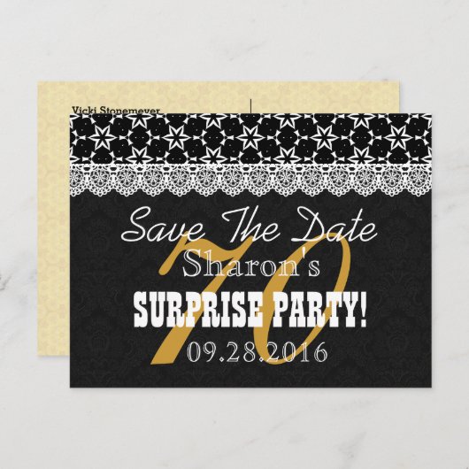 Carte Postale Faire-part Enregistrer la date SURPRISE 70e anniversaire P03C (Devant / Derrière)