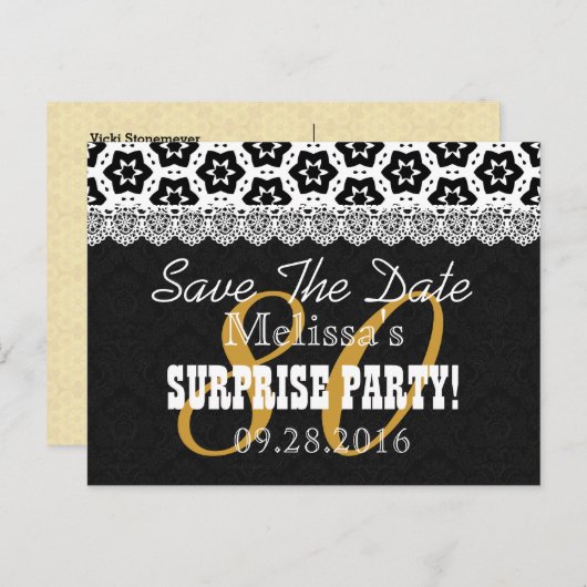 Carte Postale Faire-part Enregistrer la date SURPRISE 80e anniversaire P04C (Devant / Derrière)