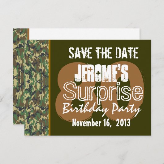 Carte Postale Faire-part Enregistrer la date Surprise 80e partie CAMO V02 (Devant / Derrière)