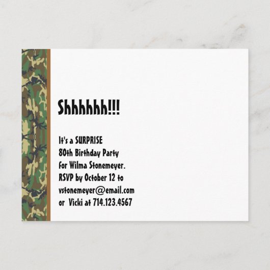 Carte Postale Faire-part Enregistrer la date Surprise 80e partie CAMO V02 (Dos)