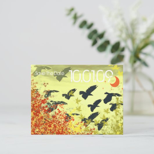 Carte Postale Faire-part Enregistrer la date - Tourbillons de feuilles d'oi (Debout devant)