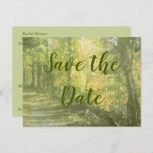 Carte Postale Faire-part Enregistrer la forêt rustique de date (Devant / Derrière)