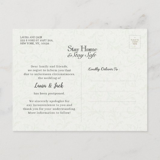 Carte Postale Faire-part Enregistrer la nouvelle date Mariage Postponement (Dos)