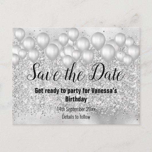 Carte Postale Faire-part Enregistrer la Parties scintillant Date Silver Bal (Devant)