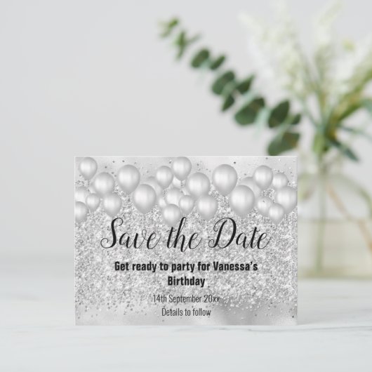 Carte Postale Faire-part Enregistrer la Parties scintillant Date Silver Bal (Debout devant)