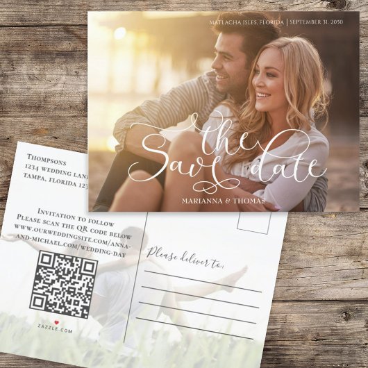 Carte Postale Faire-part Enregistrer la photo de la date élégante code QR S