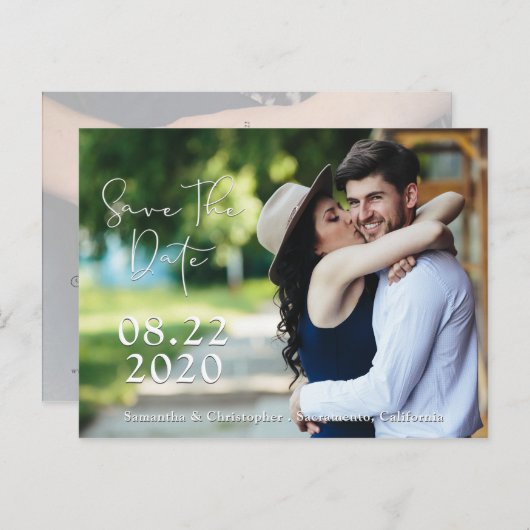 Carte Postale Faire-part Enregistrer Le Script Blanc Ombré Date | 2 photos (Devant / Derrière)