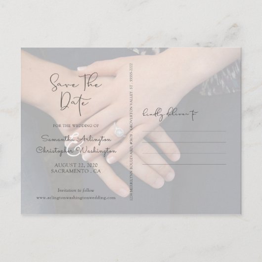 Carte Postale Faire-part Enregistrer Le Script Blanc Ombré Date | 2 photos (Dos)
