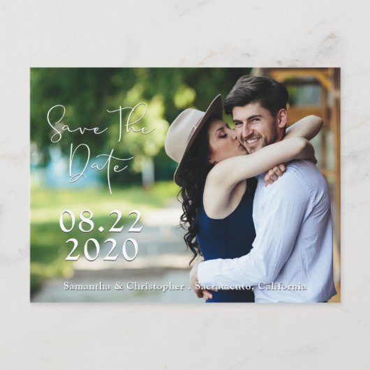 Carte Postale Faire-part Enregistrer Le Script Blanc Ombré Date | 2 photos (Devant)