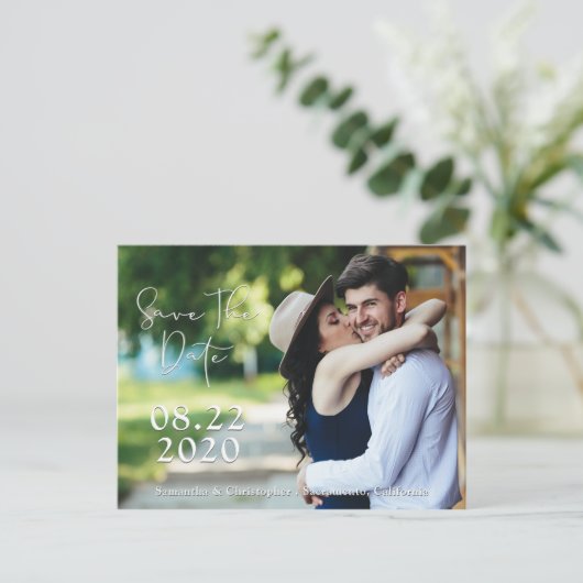 Carte Postale Faire-part Enregistrer Le Script Blanc Ombré Date | 2 photos (Debout devant)