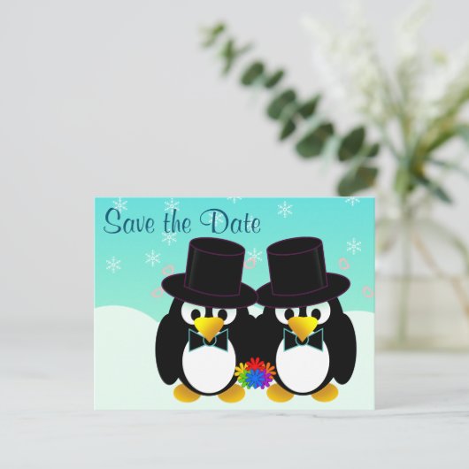 Carte Postale Faire-part Enregistrer les pingouins Mariages de date (Debout devant)