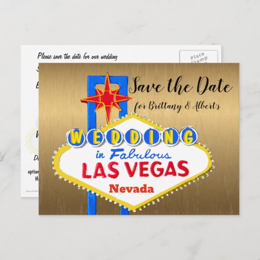 Carte Postale Faire-part Enregistrer l'or Mariage de date Las Vegas (Devant / Derrière)