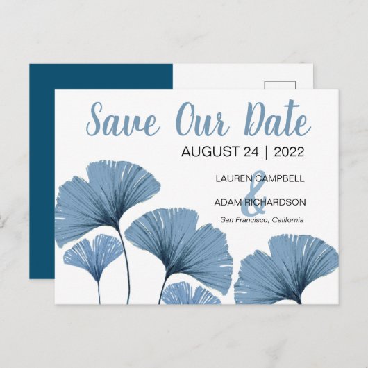 Carte Postale Faire-part Enregistrer notre date Mariage bleu et blanc (Devant / Derrière)