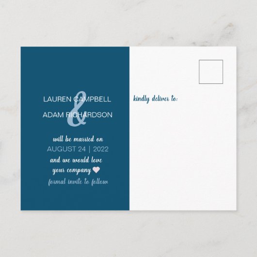 Carte Postale Faire-part Enregistrer notre date Mariage bleu et blanc (Dos)