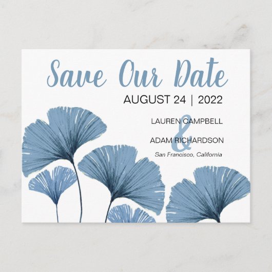 Carte Postale Faire-part Enregistrer notre date Mariage bleu et blanc (Devant)