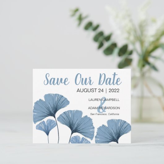 Carte Postale Faire-part Enregistrer notre date Mariage bleu et blanc (Debout devant)