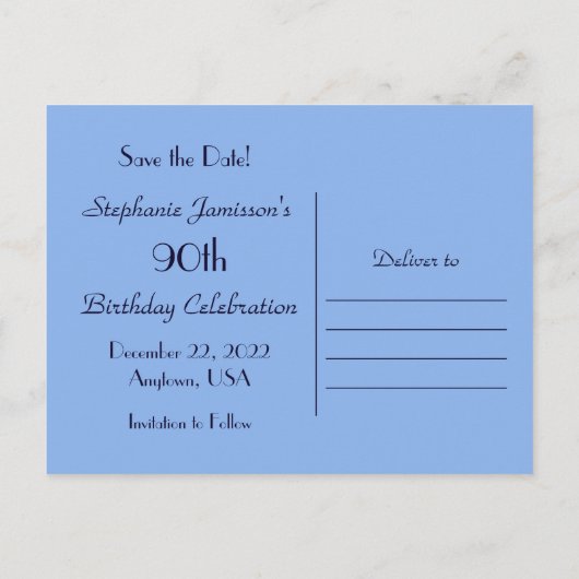 Carte Postale Faire-part Enregistrez la date 90e anniversaire, Abstrait Ble (Dos)