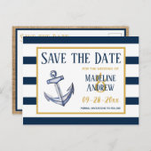 Carte Postale Faire-part Enregistrez la date avec des rayures nautiques et (Devant / Derrière)