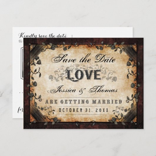 Carte Postale Faire-part Enregistrez la date Brown Gothique Halloween PHOTO (Devant / Derrière)