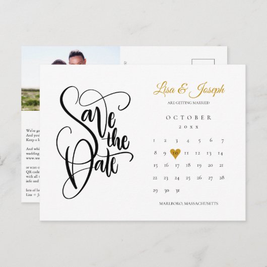 Carte Postale Faire-part Enregistrez la date Calendrier de cœur Photo QR Co (Devant / Derrière)