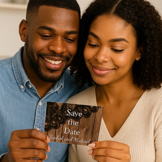 Carte Postale Faire-part Enregistrez la date Faux cuir noir et bois